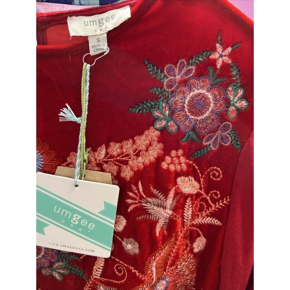 Umgee Women Velvet Shift Mini Dress Red Small Size Embroidered Party Christmas - Picture 6 of 11